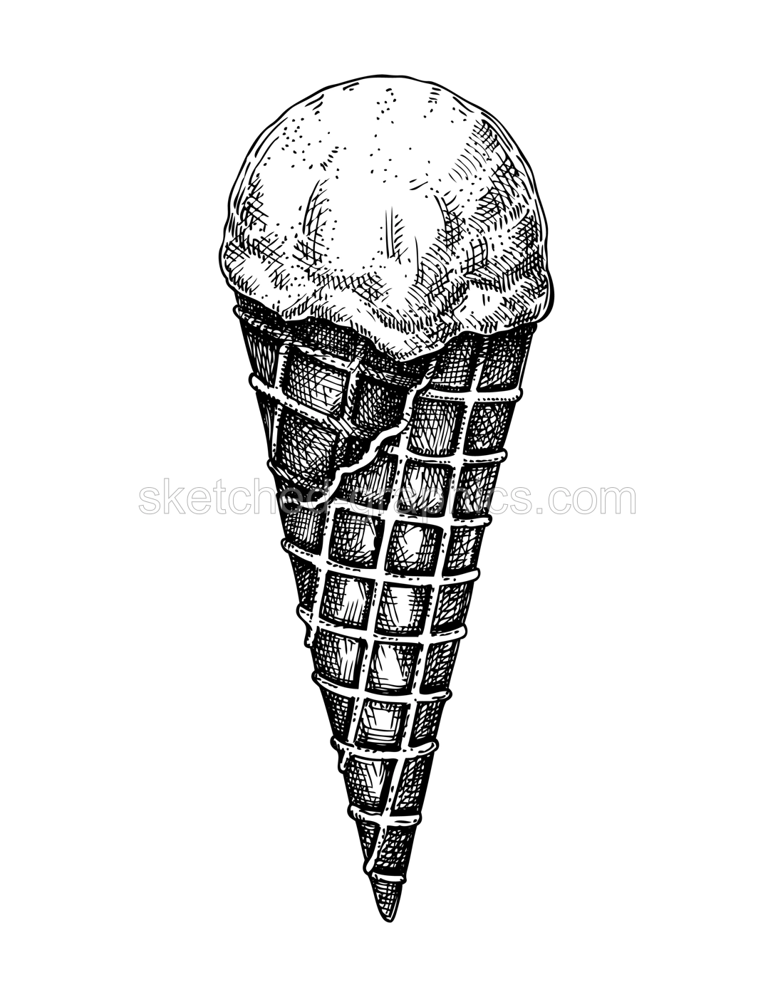 Mango ice cream in waffle sketch. Summer dessert vector illustration isolated on white background. Tropical ice cream drawing. Hand drawn sweet food design element  Illustration